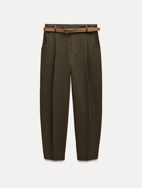 Zara Pants Pleated High Waisted with Belt Light Olive 9929/138/505 S
